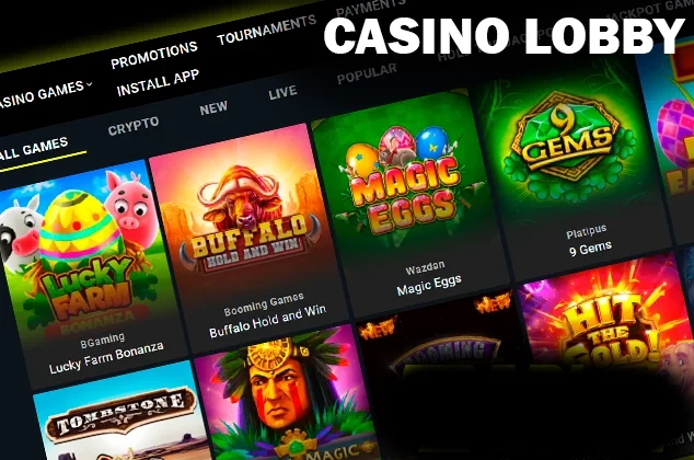 Screenshot of Casino lobby on Parimatch casino site and Parimatch logo