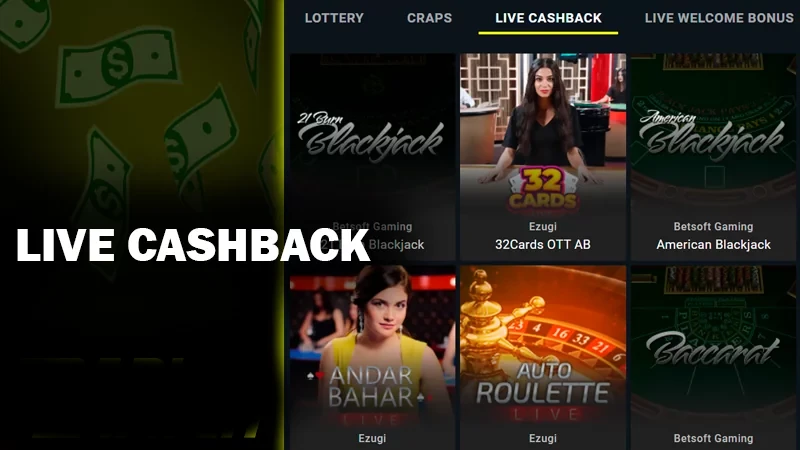 Screenshot of live cashback category on Parimatch casino site