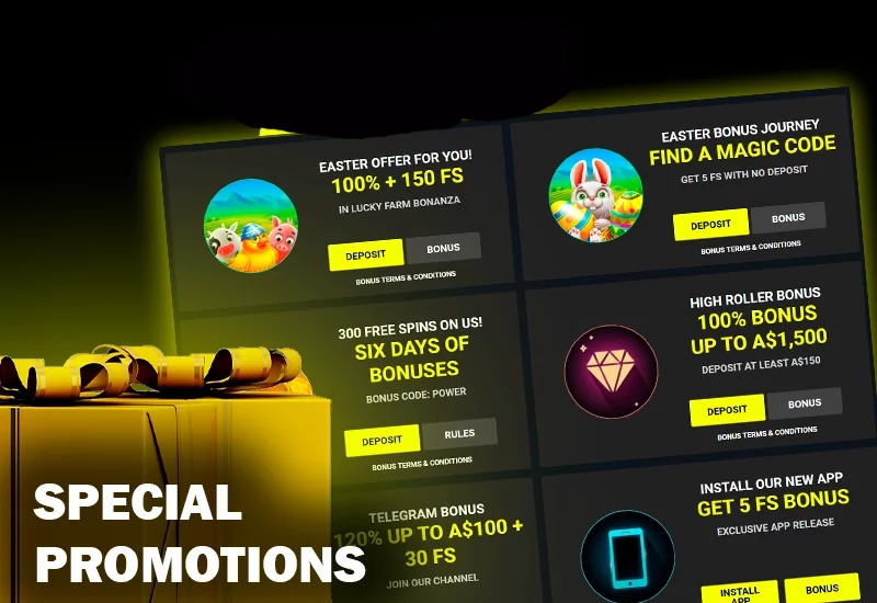 Screenshot of spesial promotions on Parimatch casino site and two gold giftboxes and Parimatch logo