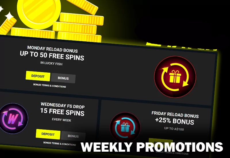 Screenshot of Weekly promotipns on Parimatch casino site with coins icon and Parimatch logo